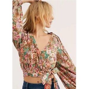 Free People Party Playlist floral wrap tie blouse size Medium